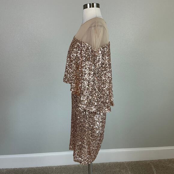 Betsy & Adam Sequined Cocktail Dress Size 4 Gold Caped Sleeveless Mini Sheath - Picture 5 of 14
